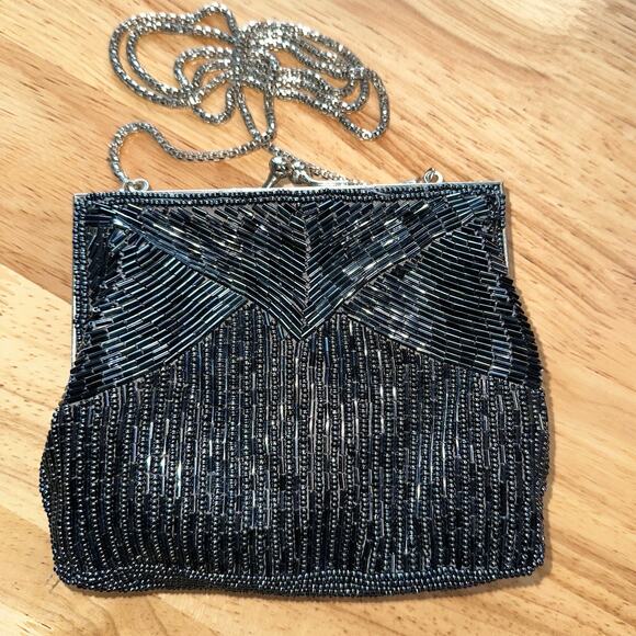 Vintage Magid Women's Pewter Beaded Black Evening Bag Snap Top Chain Strap Purse - Picture 4 of 5